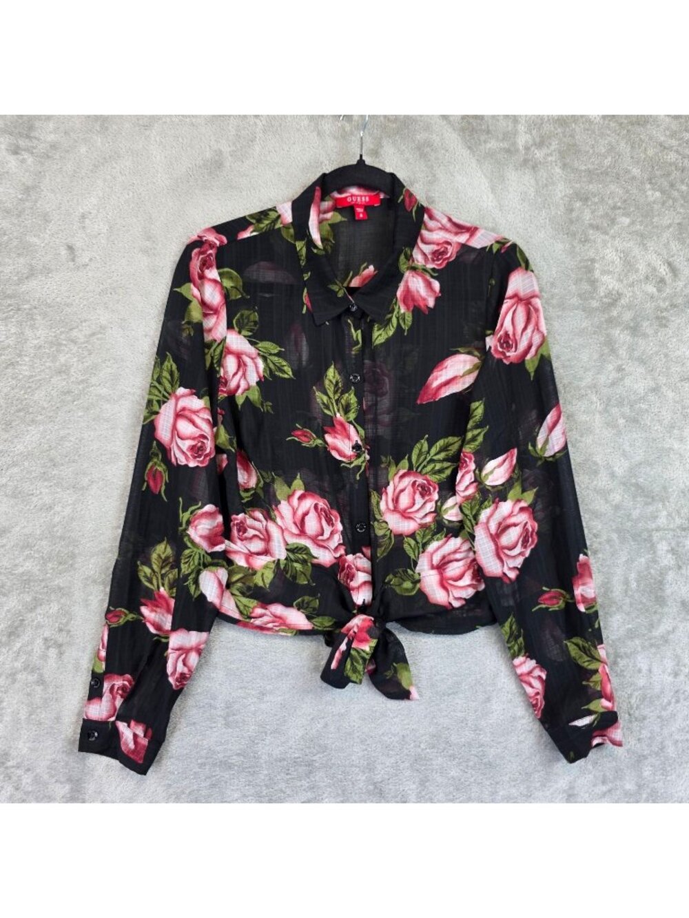 Guess Button Up Shirt Womens M Black Floral Sheer Cropped Long Sleeve Tie Front